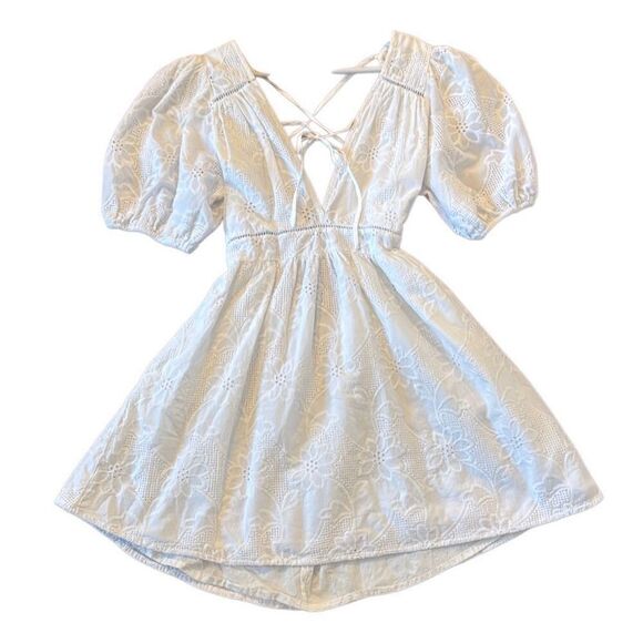 Kasia made in Greece cotton eyelet puff sleeve tie back dress - Picture 1 of 9